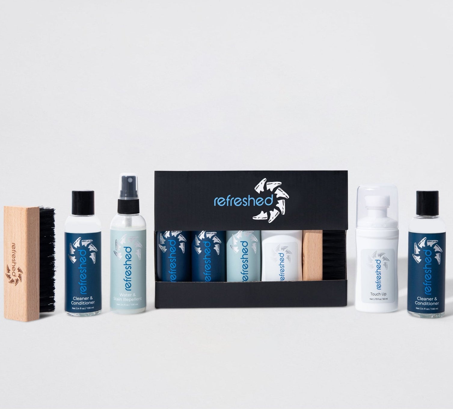 Collection of skincare products with 'refreshed' branding on a white background