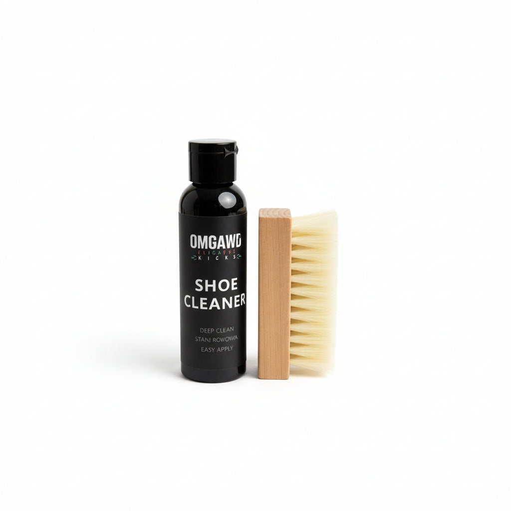 Shoe cleaner bottle and brush on a wooden floor